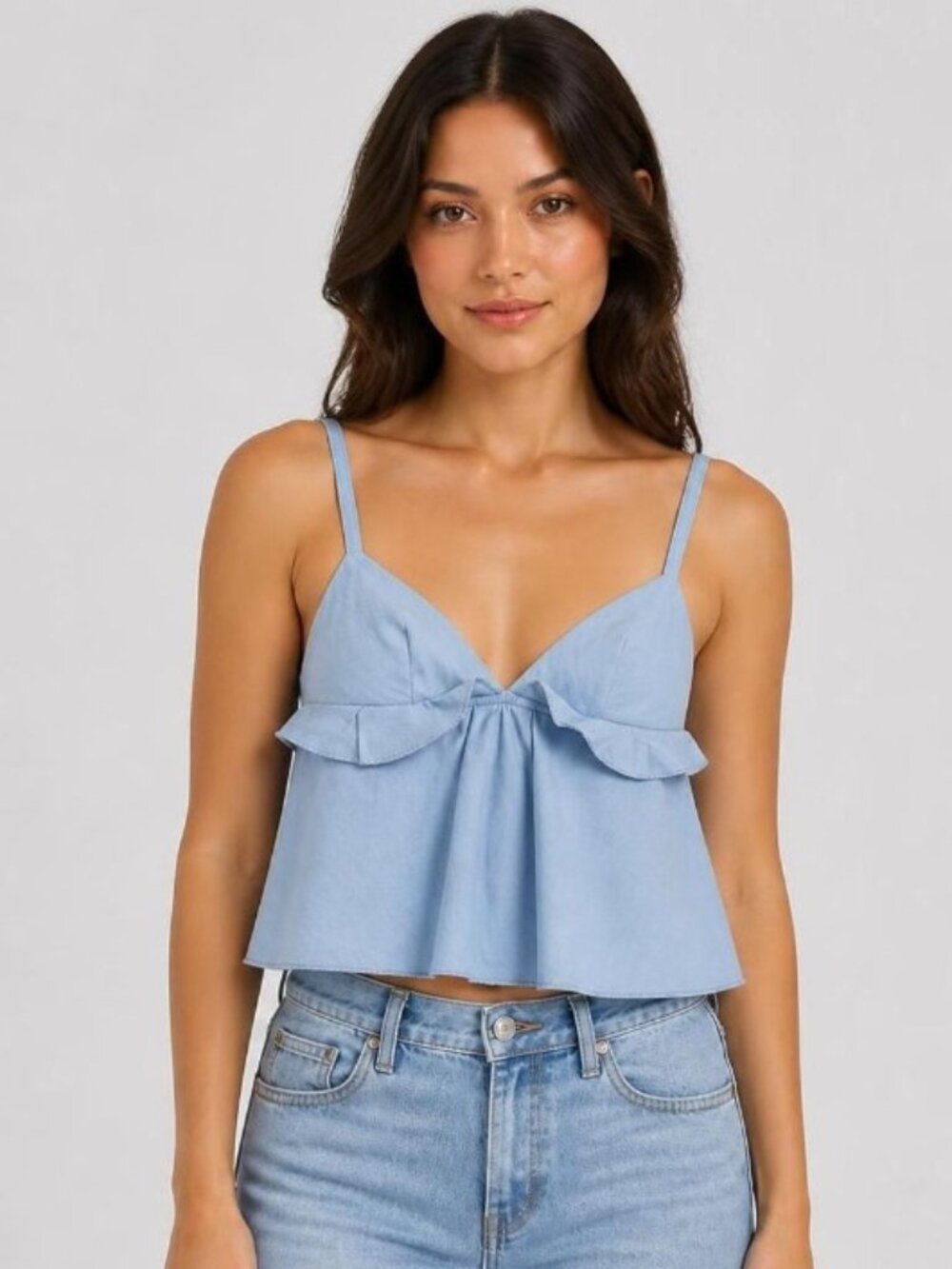 SHEIN LIGHT BLUE RUFFLED V-NECK CAMISOLE TOP - WOMEN'S SMALL